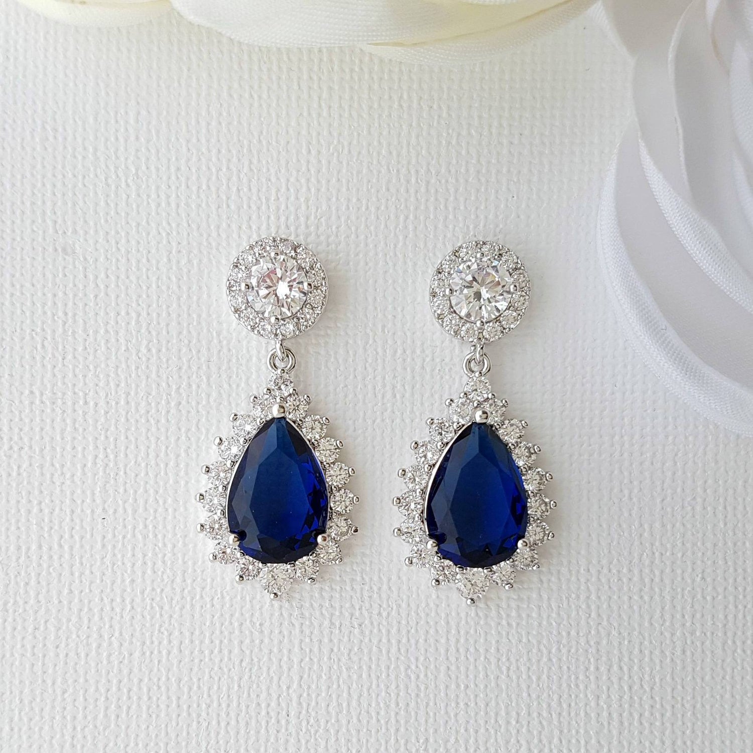 Sapphire Blue Clip On Bridal Earrings-Aoi - PoetryDesigns