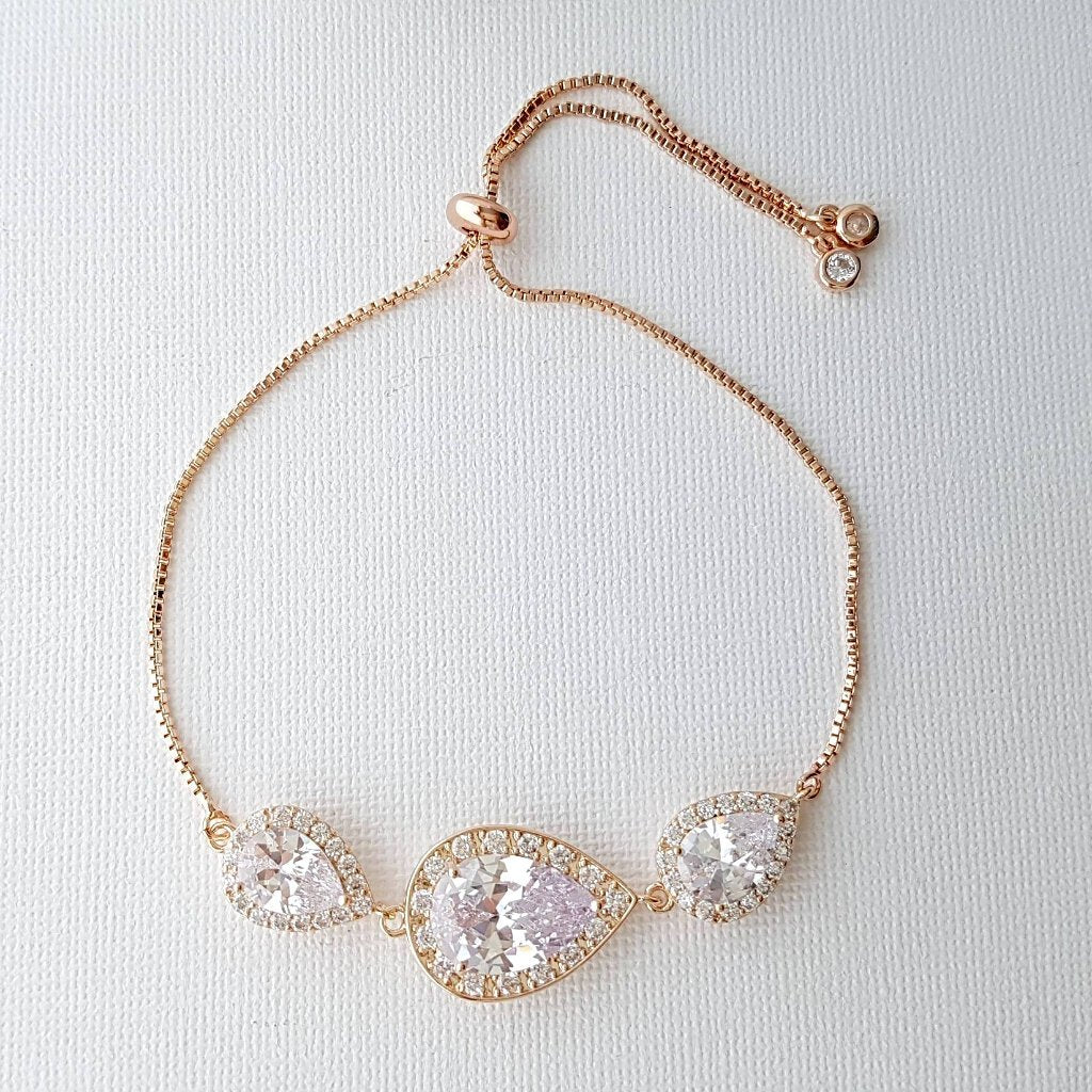 Bridal Bracelet, Rose Gold Crystal Bracelet, Wedding Jewelry, Clear Cubic Zirconia, Teardrop Bracelet, Pink Gold Bracelet, Evelyn - PoetryDesigns