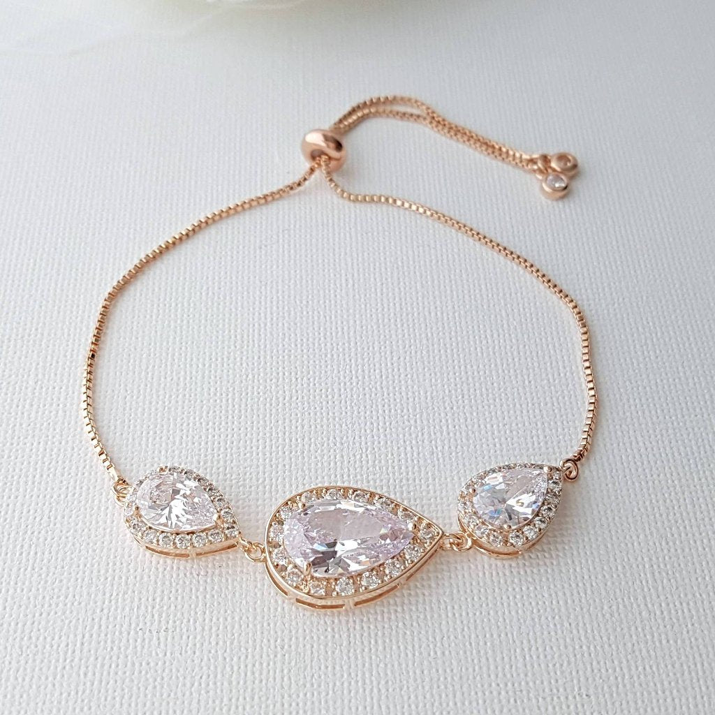 Bridal Bracelet, Rose Gold Crystal Bracelet, Wedding Jewelry, Clear Cubic Zirconia, Teardrop Bracelet, Pink Gold Bracelet, Evelyn - PoetryDesigns