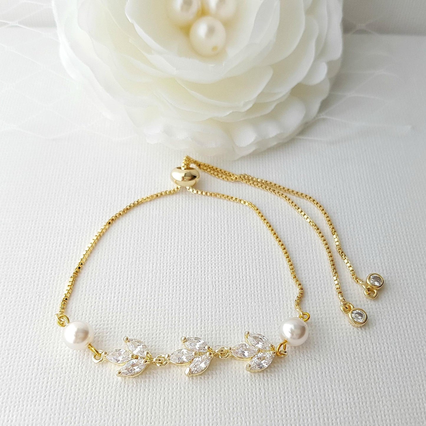 Bridal Bracelet in Rose Gold With CZ & Pearl-Leila - PoetryDesigns