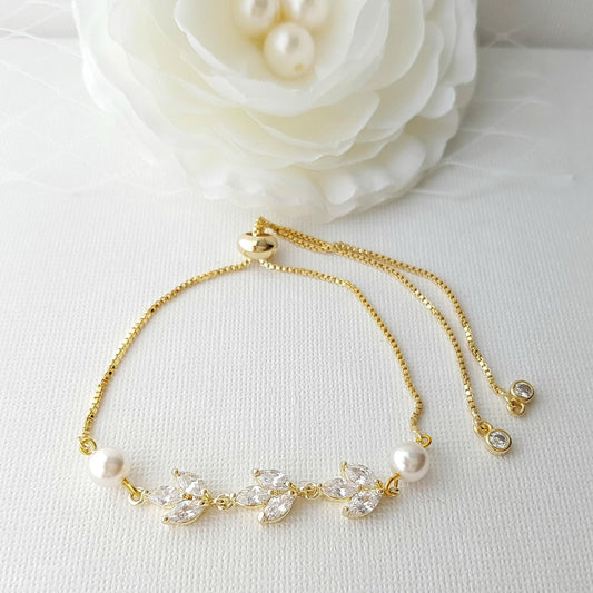 Delicate Gold Bracelet for Brides & Ladies in Marquise Cubic Zirconia( CZ) for Wedding Or Prom- Leila - PoetryDesigns
