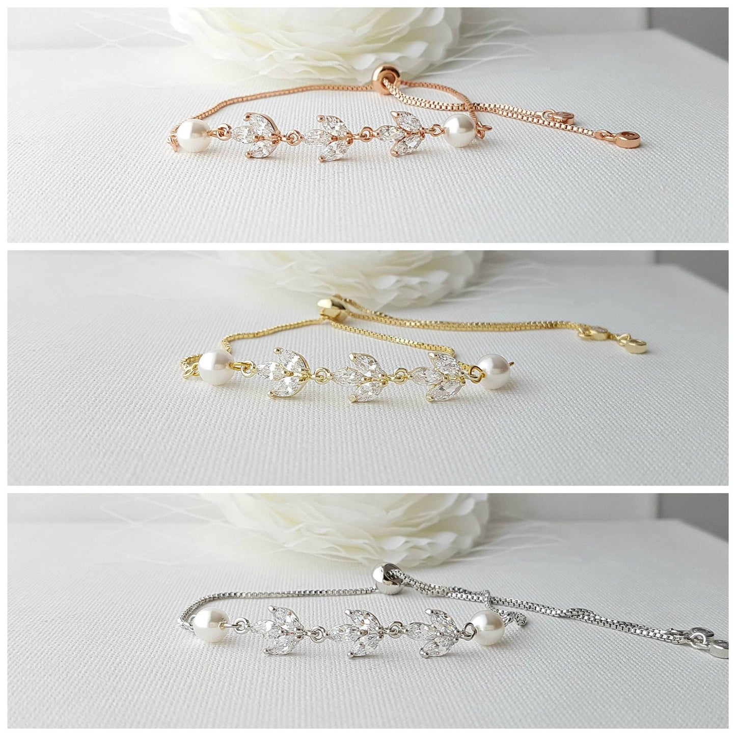 Dainty Bridal Bracelet with marquise crystal and pearl with adjustable slider clasp