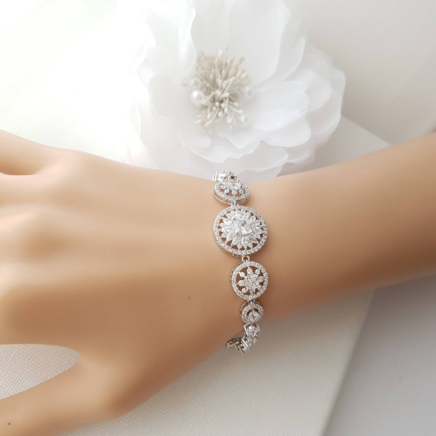 Bridal Bracelet, Round Wedding Bracelet, Crystal Wedding Bracelet, Cubic Zirconia Bracelet, Halo Style, Bridal Jewelry, Adonia - PoetryDesigns