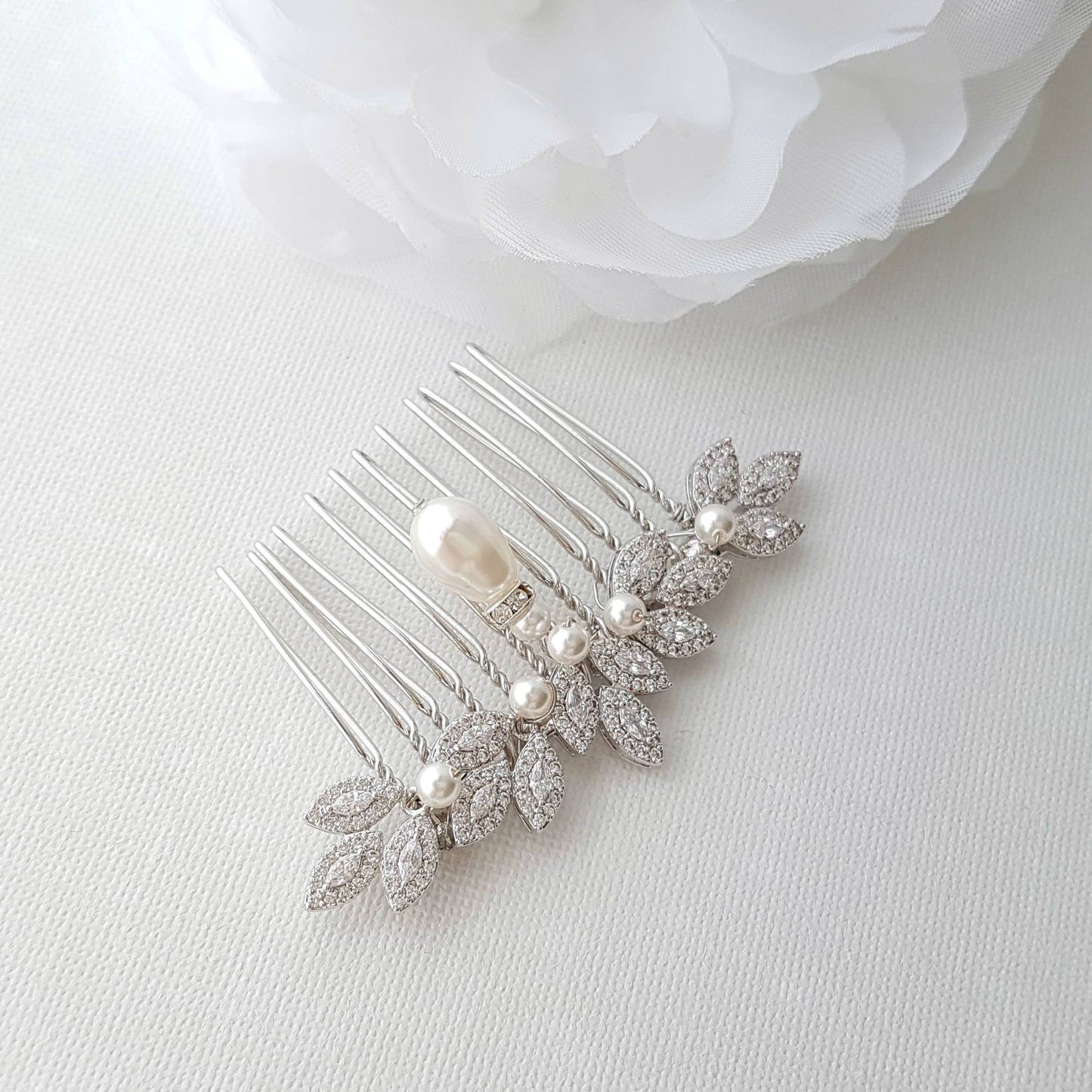 Crystal Hair Comb, Pearl Wedding Hair Comb, Leaf Haircomb, Zirconia Hair Comb, Swarovski Pearls, Bridal Hairpiece, Hair Accessories, Abby - PoetryDesigns