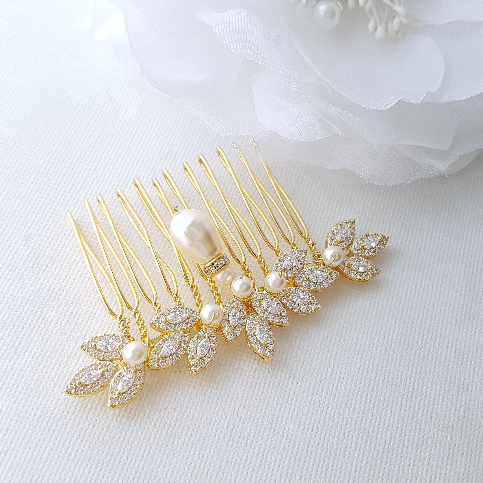 Gold Bridal Comb, Pearl Hair Comb, Rose Gold Wedding Hair Comb, Leaf Hairpiece, Crystal Hair Comb, Bridal Accessories, Abby - PoetryDesigns