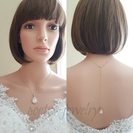 Simple Wedding Gold Back Necklace, Crystal Back Drop Bridal Necklace, Gold Bridesmaid Necklace Gift, Bridal Jewelry, Evelyn - PoetryDesigns