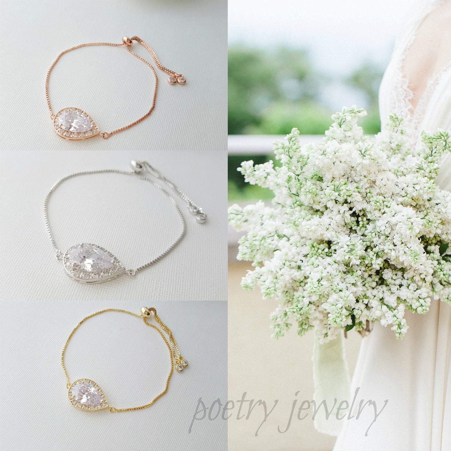 Rose Gold Simple Bracelet, Bridal Crystal Adjustable Bracelet, Rose Gold Wedding Bracelet, Bridesmaid Bracelet, Bridal Jewelry, Evelyn - PoetryDesigns