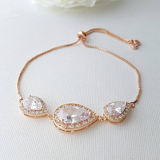 Bridal Bracelet, Rose Gold Crystal Bracelet, Wedding Jewelry, Clear Cubic Zirconia, Teardrop Bracelet, Pink Gold Bracelet, Evelyn - PoetryDesigns