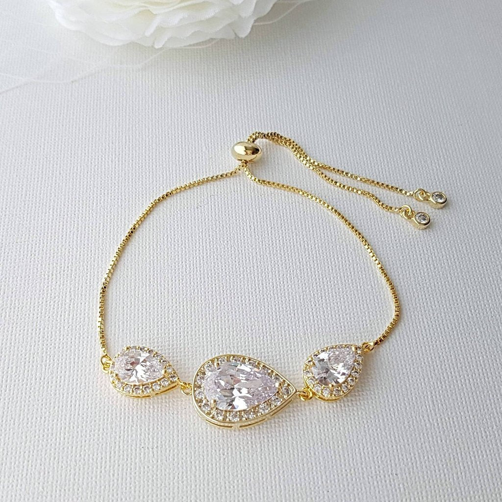 Bridal Bracelet, Rose Gold Crystal Bracelet, Wedding Jewelry, Clear Cubic Zirconia, Teardrop Bracelet, Pink Gold Bracelet, Evelyn - PoetryDesigns