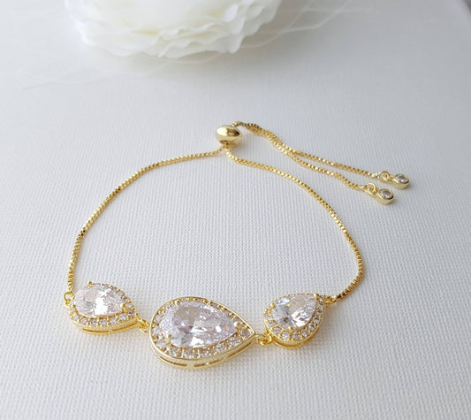 Gold Bridal Bracelet, Gold Wedding Jewelry, Gold Crystal Bracelet, Clear Cubic Zirconia, Gold Teardrop Bracelet, Bridesmaid Bracelet, Evelyn - PoetryDesigns