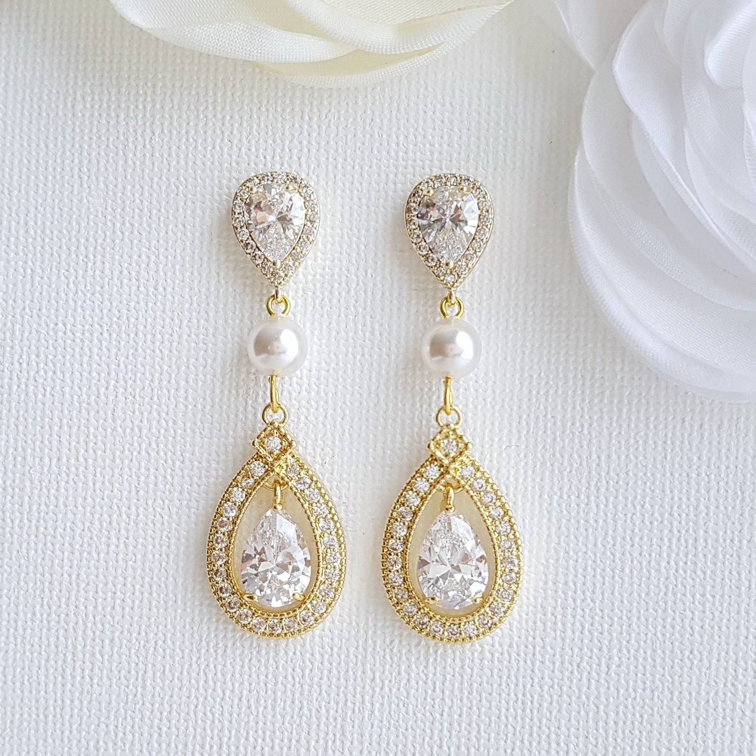 Yellow Gold Bridal Earrings-Sarah - PoetryDesigns