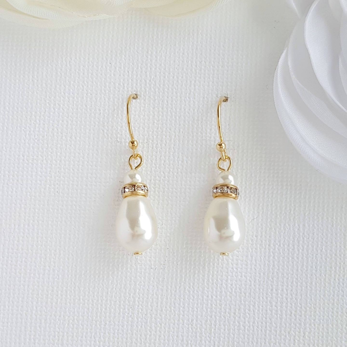 Simple Gold Earrings With Pearl Drops -June - PoetryDesigns