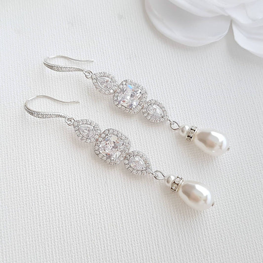 Pearl Drop Long Dangle Earrings for Weddings-Gianna - PoetryDesigns