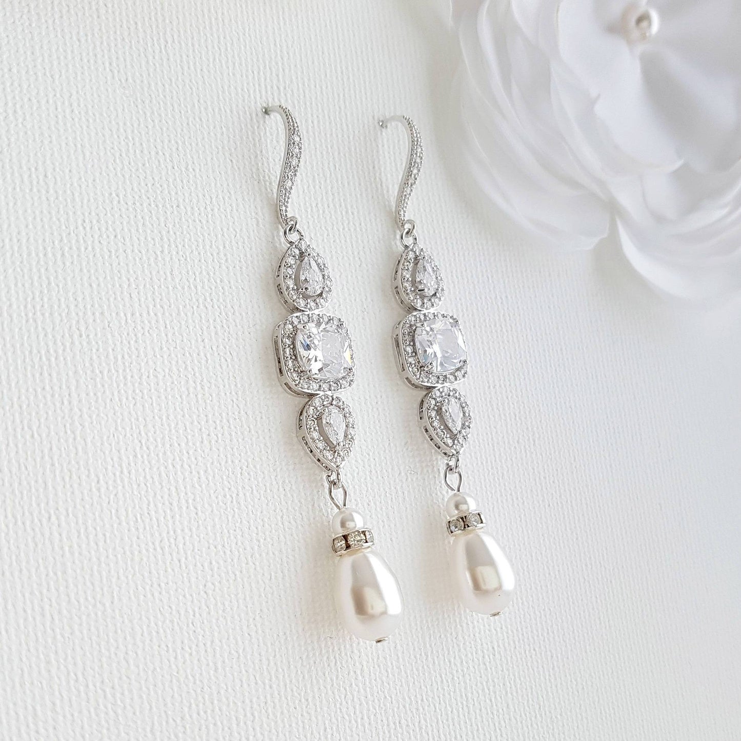 Pearl Drop Long Dangle Earrings for Weddings-Gianna - PoetryDesigns
