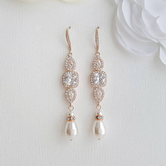 Rose Gold Pearl Drop Wedding Earrings-Gianna - PoetryDesigns