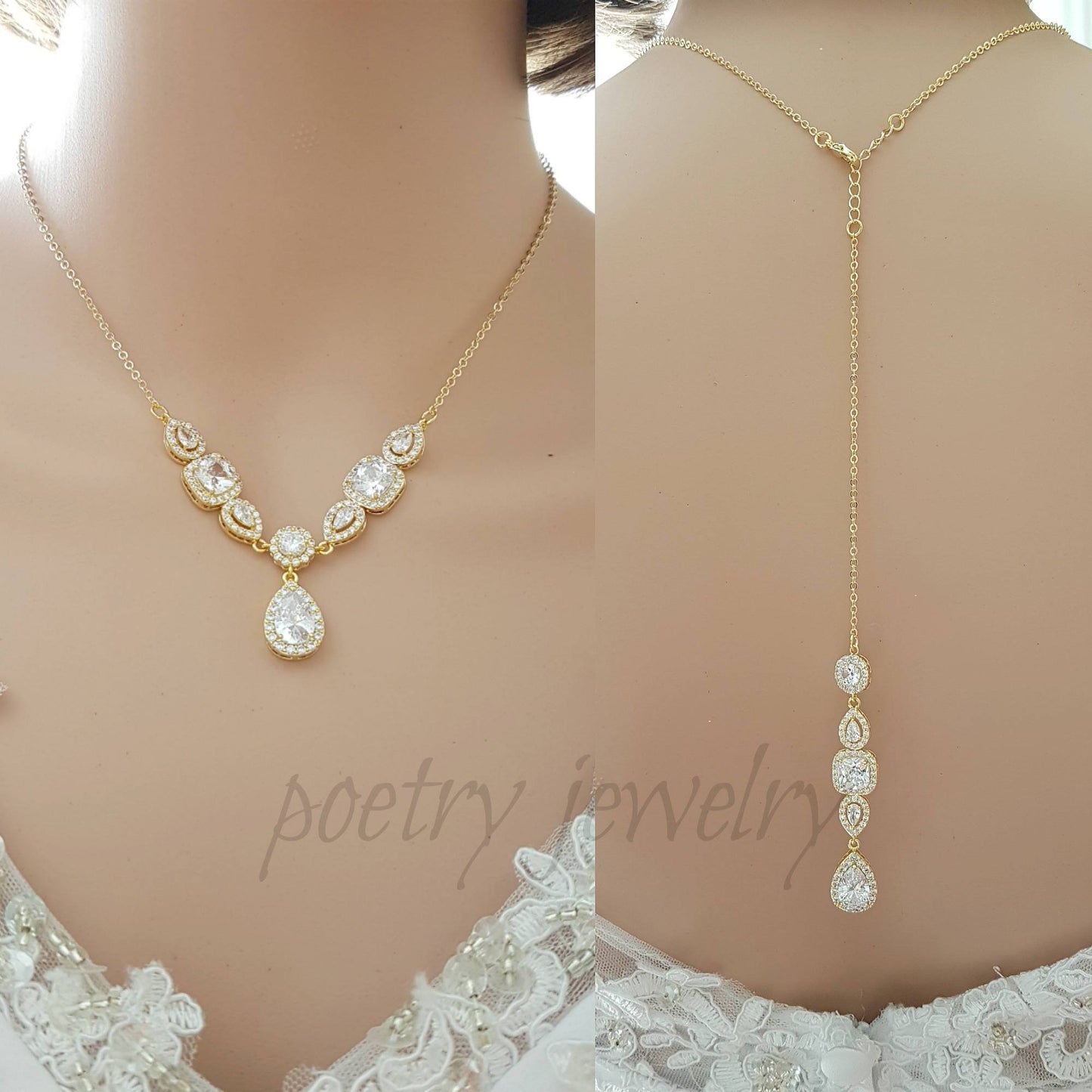 Gold and Cubic Zirconia Back Necklace for Low Back Dresses-Gianna - PoetryDesigns