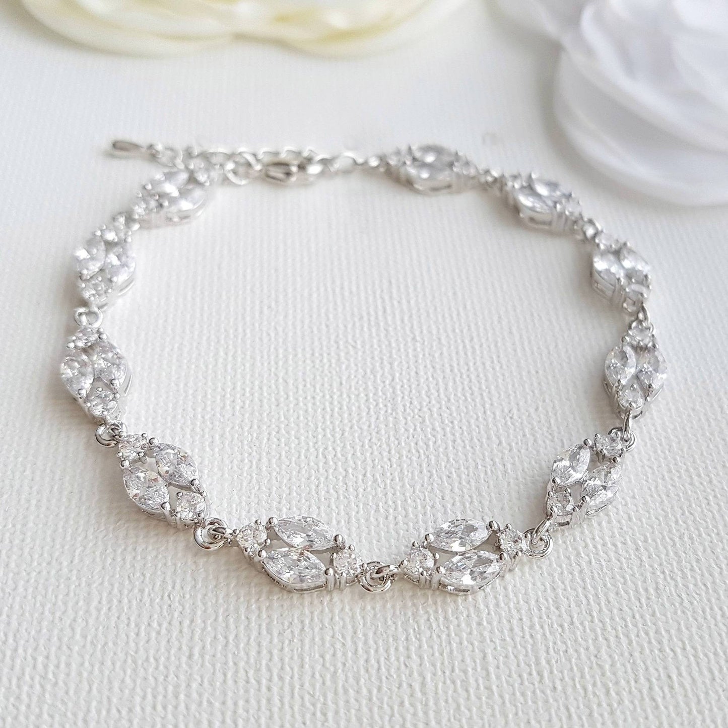 Gold Crystal Wedding Bracelet in Marquis Tennis Bracelet Style-Hayley - PoetryDesigns