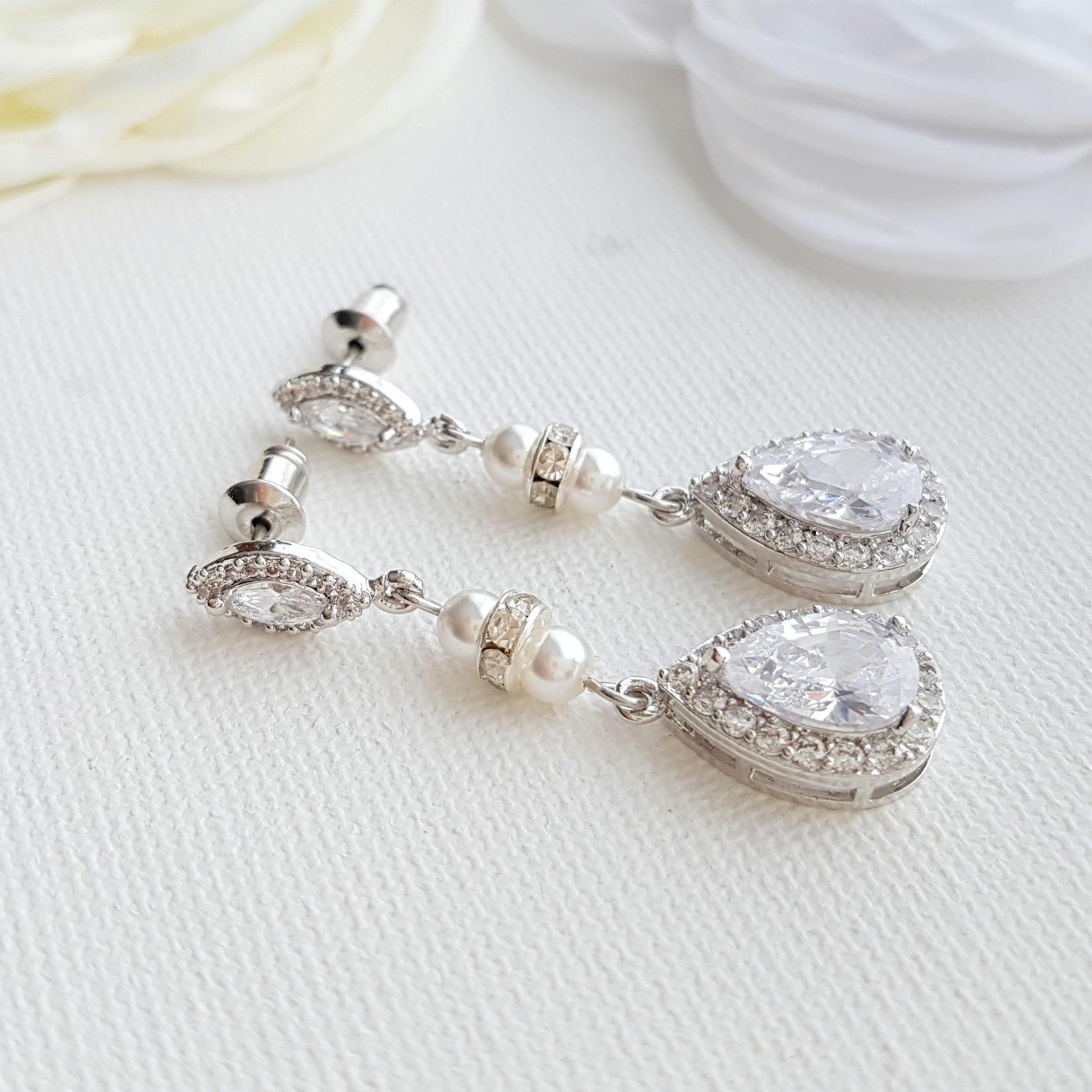 CZ & Pearl Wedding Drop Earrings for Brides-Ella - PoetryDesigns