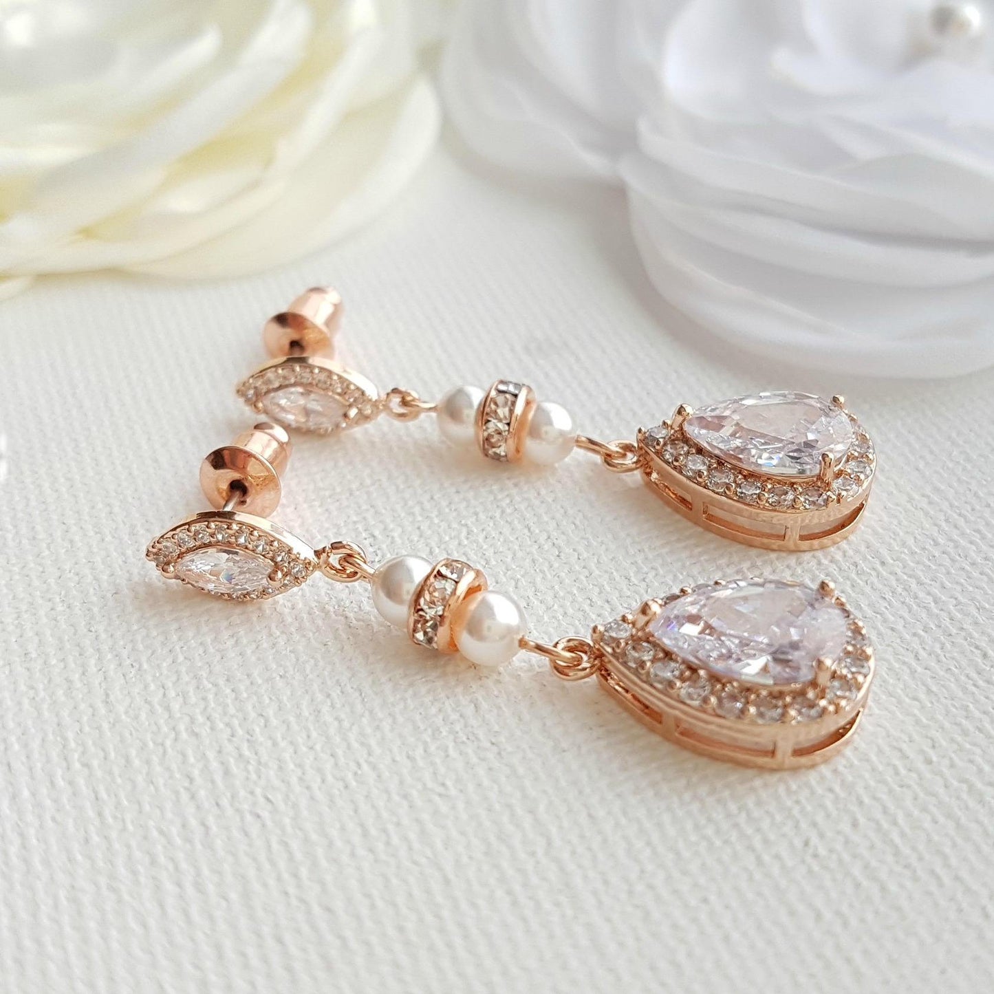 Rose Gold & Pearl Wedding Drop Earrings-Ella - PoetryDesigns