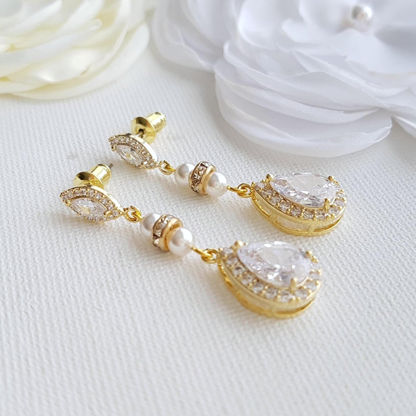 Gold and Pearl Wedding Drop Earrings-Ella - PoetryDesigns