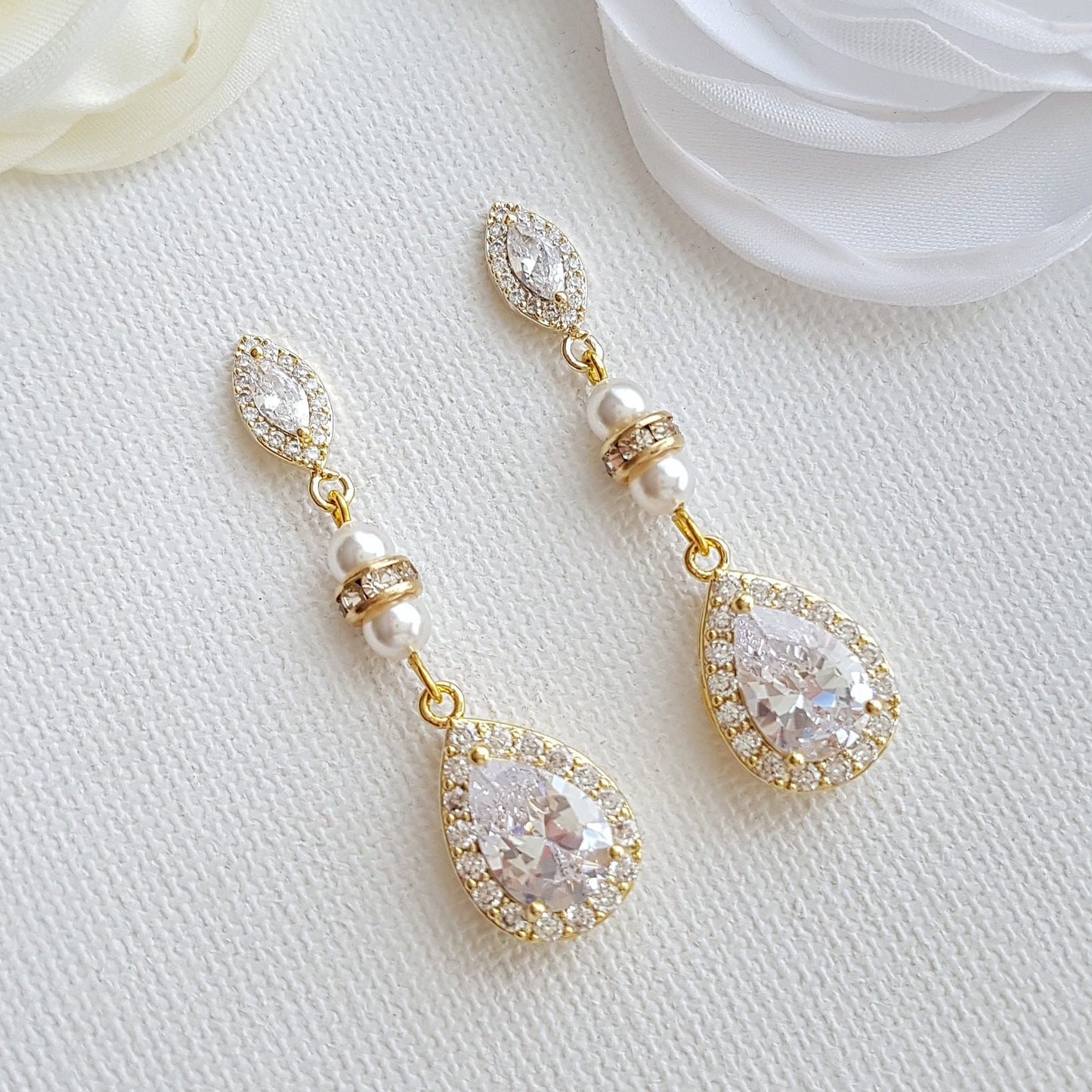 Gold and Pearl Wedding Drop Earrings-Ella - PoetryDesigns