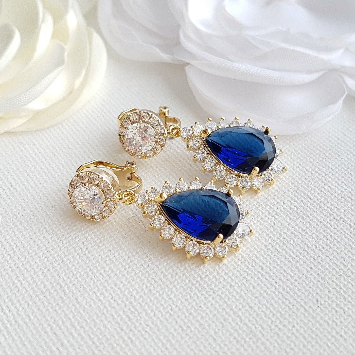 Sapphire Blue Clip On Bridal Earrings-Aoi - PoetryDesigns