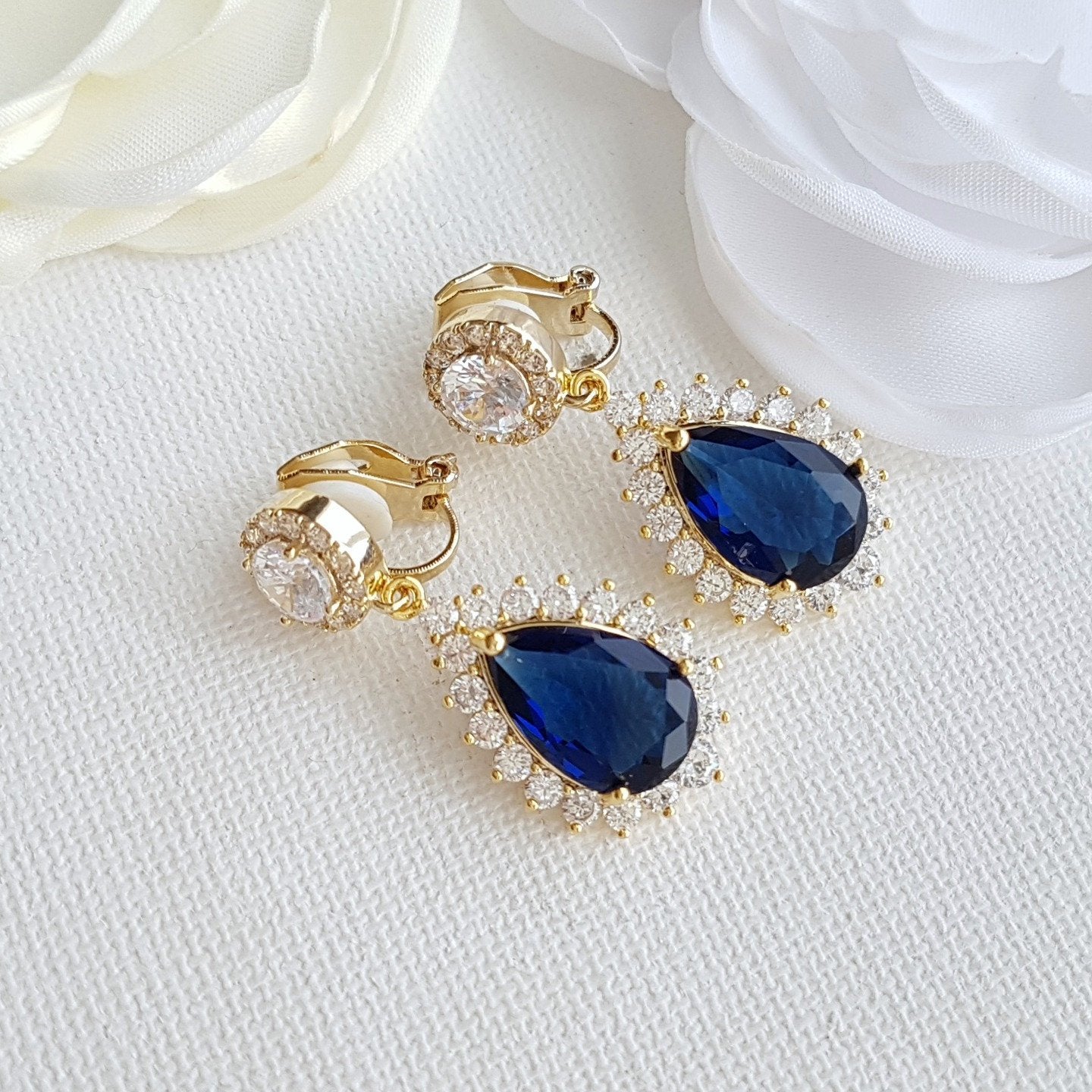 Sapphire Blue Clip On Bridal Earrings-Aoi - PoetryDesigns