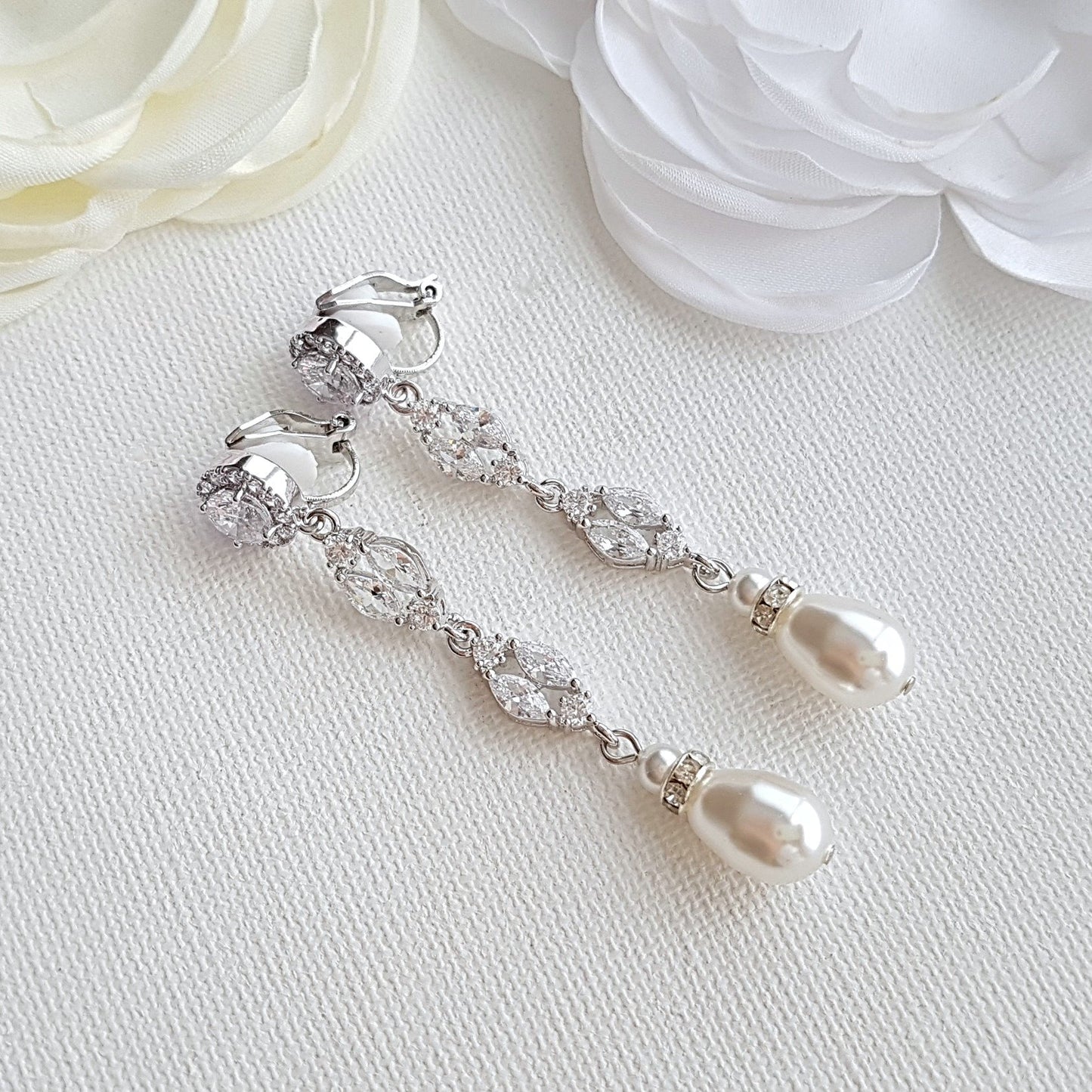 Long Clip On Pearl Drop Earrings