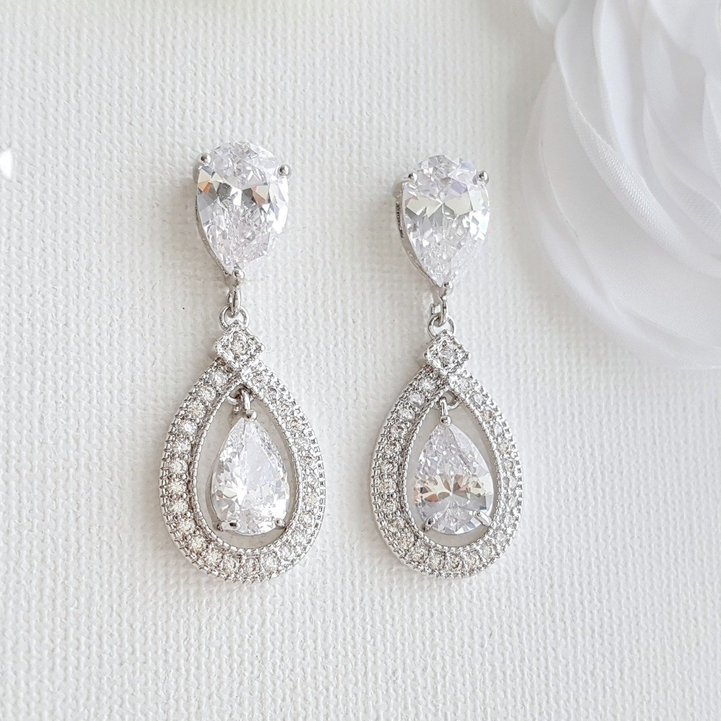 Silver Crystal Drop Bridal Earrings- Sarah - PoetryDesigns