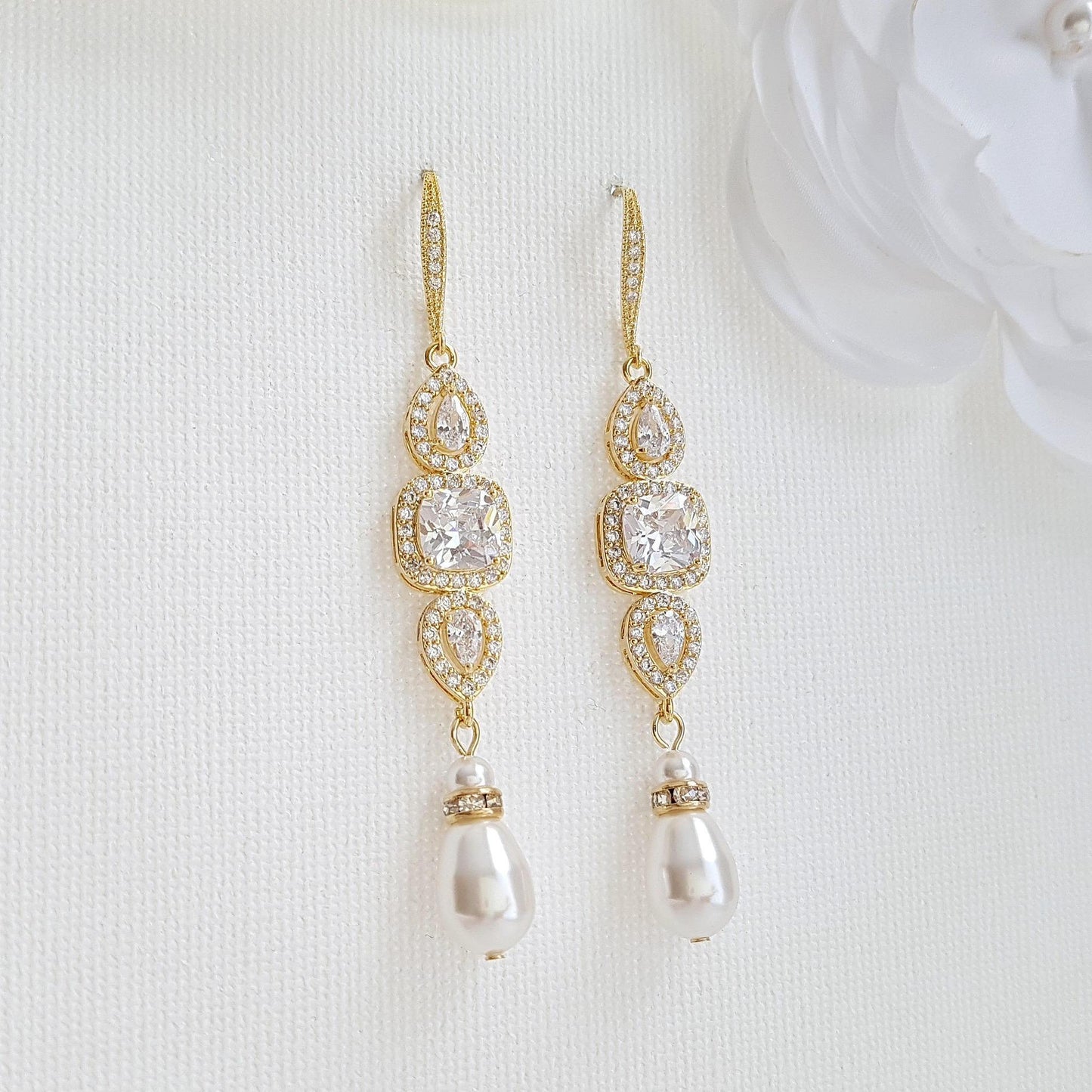 Rose Gold Pearl Drop Wedding Earrings-Gianna - PoetryDesigns