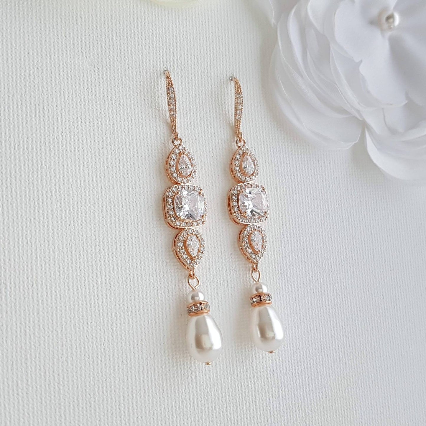 Rose Gold Pearl Drop Wedding Earrings-Gianna - PoetryDesigns