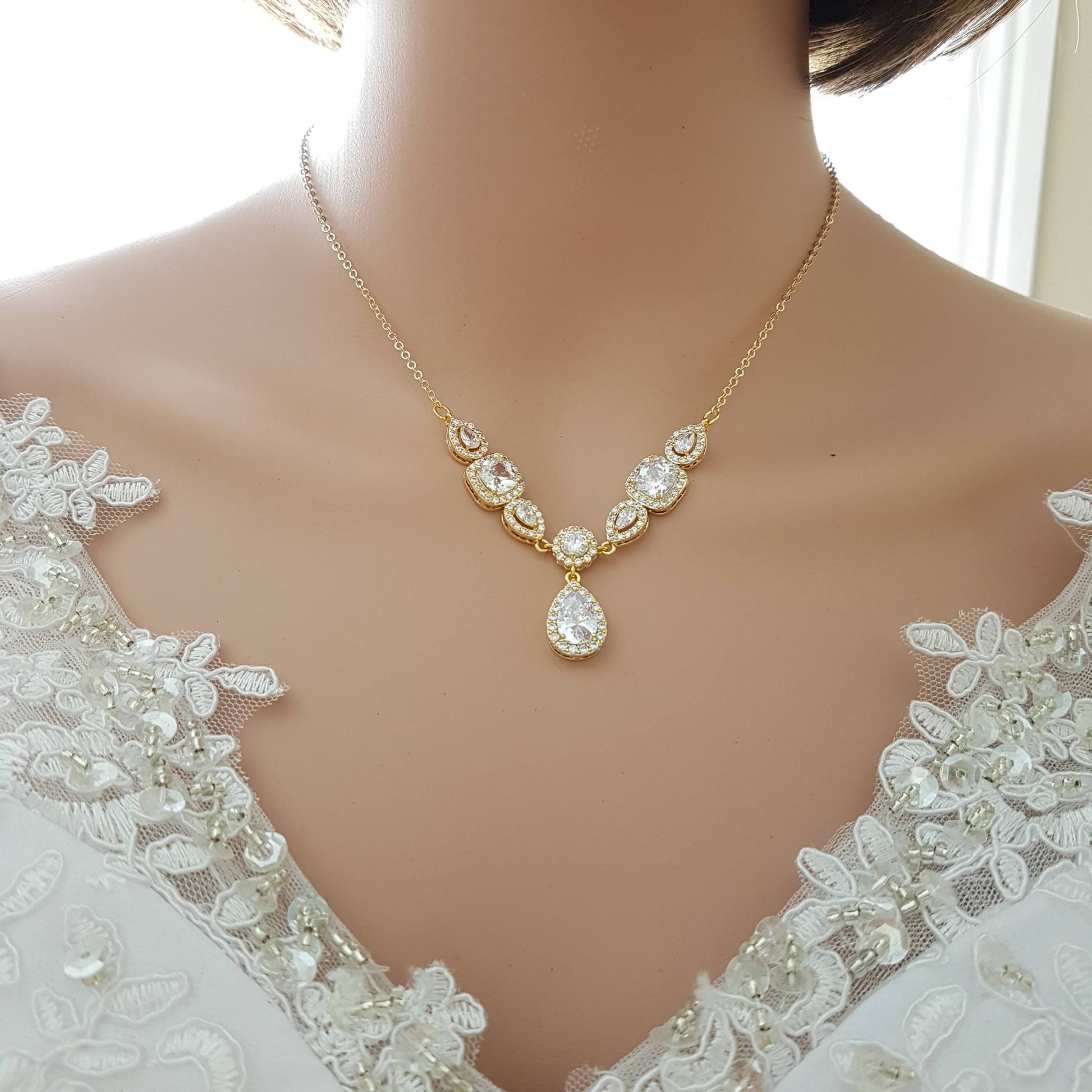 Gold and Cubic Zirconia Back Necklace for Low Back Dresses-Gianna - PoetryDesigns