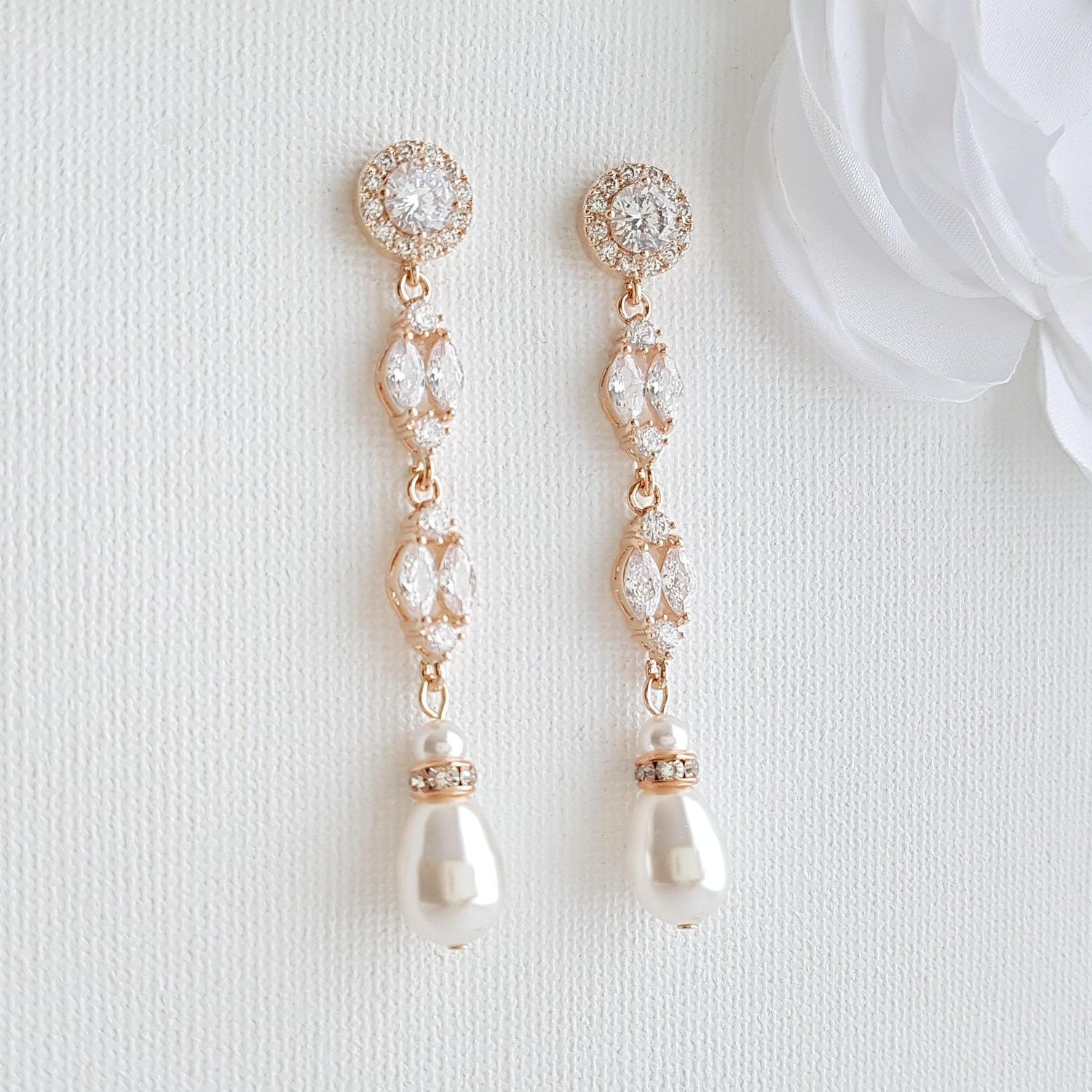 Long Rose Gold Pearl Drop Earrings- Hayley - PoetryDesigns