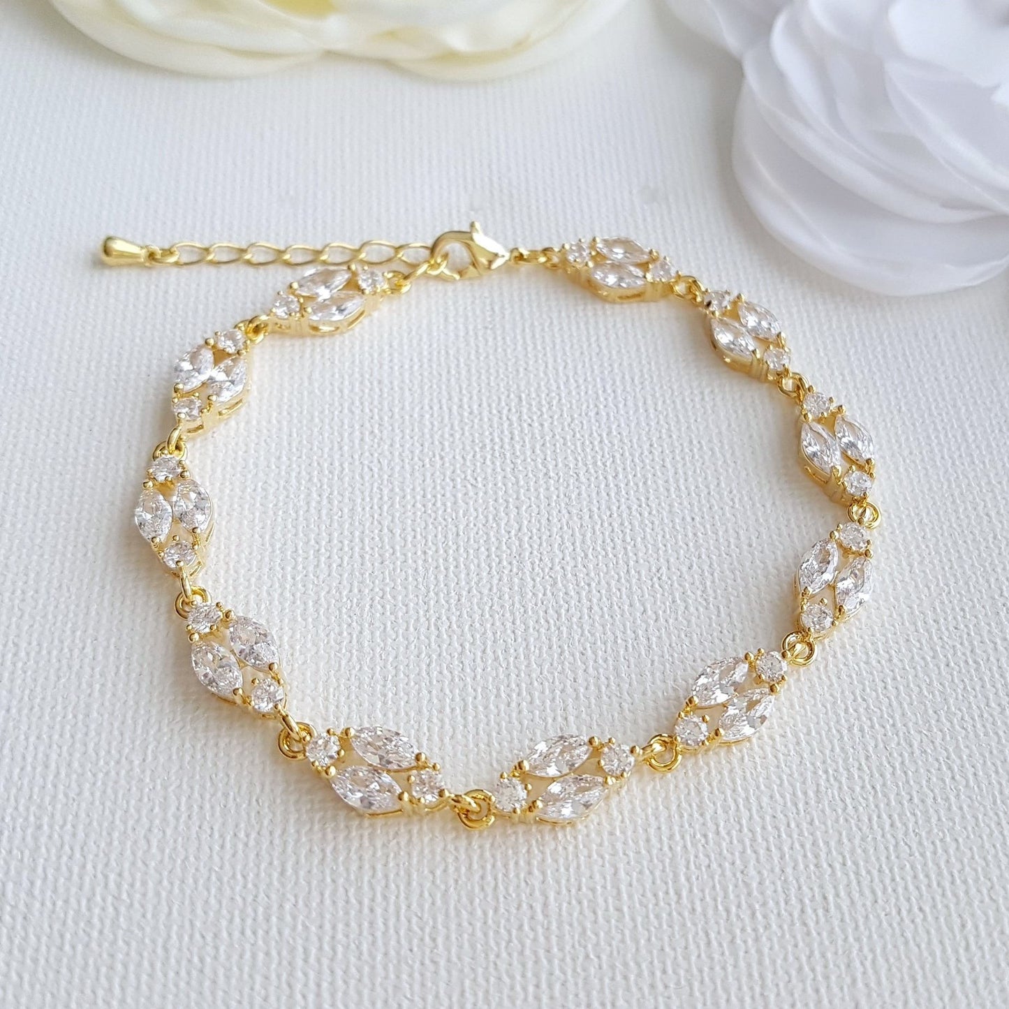Gold Crystal Wedding Bracelet in Marquis Tennis Bracelet Style-Hayley - PoetryDesigns