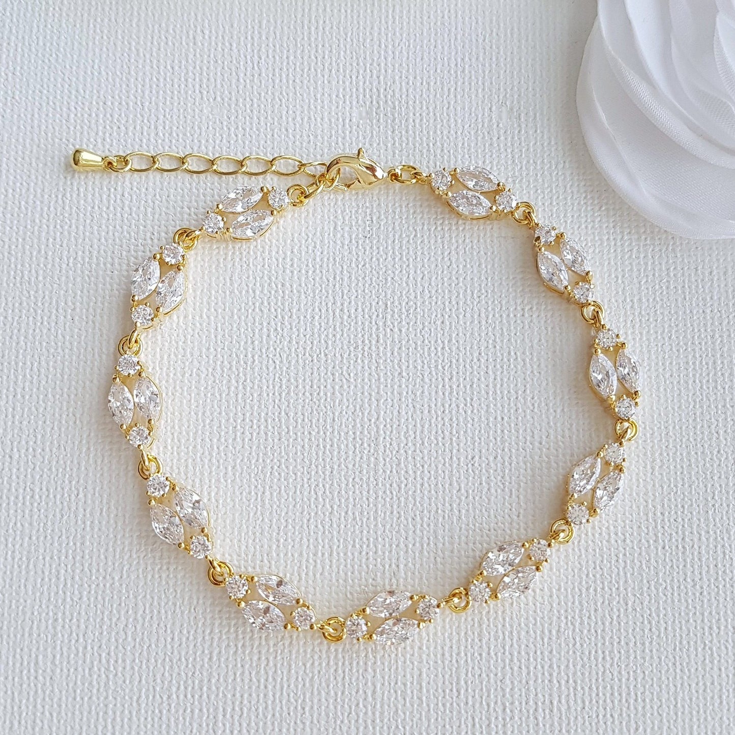 Gold Crystal Wedding Bracelet in Marquis Tennis Bracelet Style-Hayley - PoetryDesigns