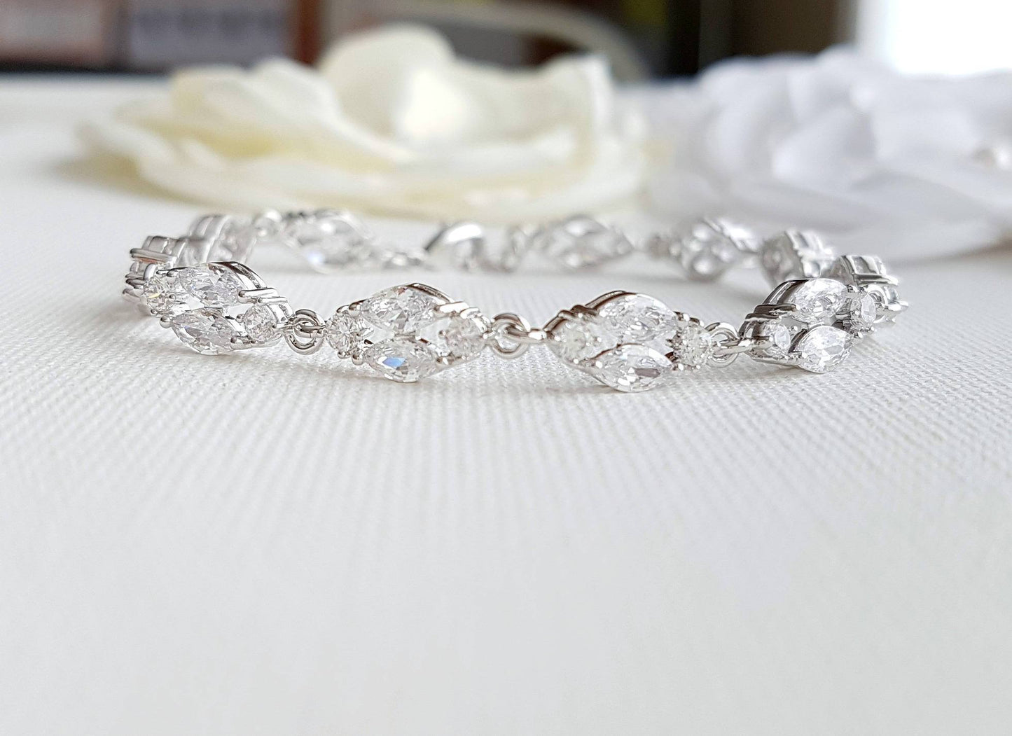 Gold Crystal Wedding Bracelet in Marquis Tennis Bracelet Style-Hayley - PoetryDesigns