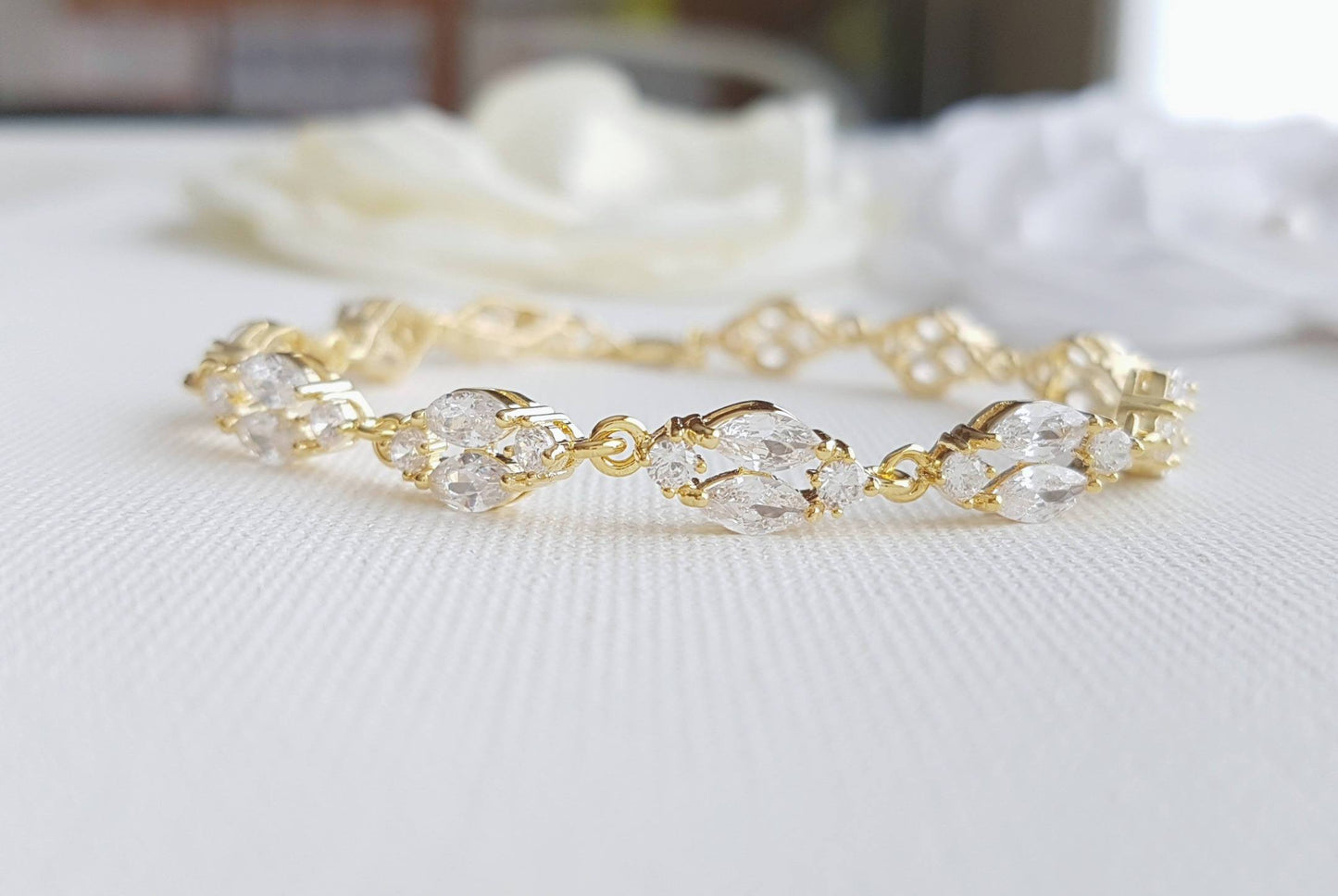 Gold Crystal Wedding Bracelet in Marquis Tennis Bracelet Style-Hayley - PoetryDesigns