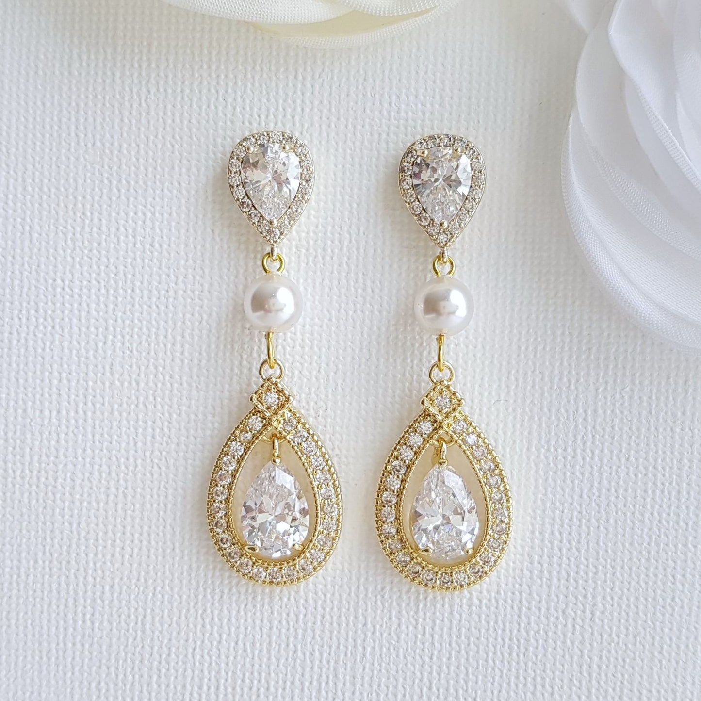 CZ Clip On Bridal Earrings in Rose Gold - Sarah - PoetryDesigns