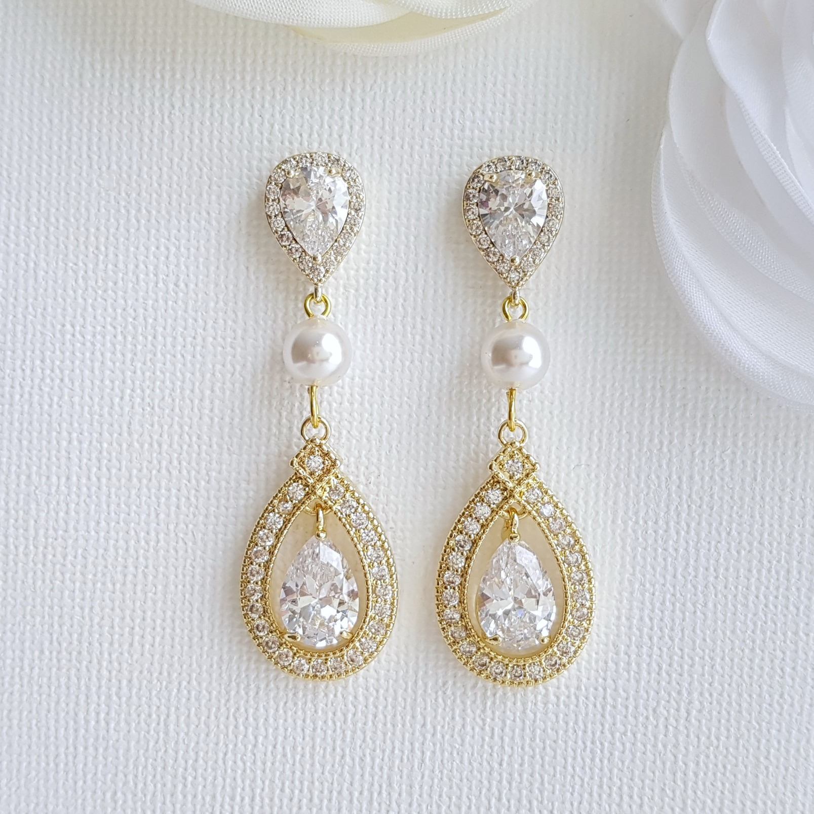 CZ Clip On Bridal Earrings in Rose Gold - Sarah - PoetryDesigns