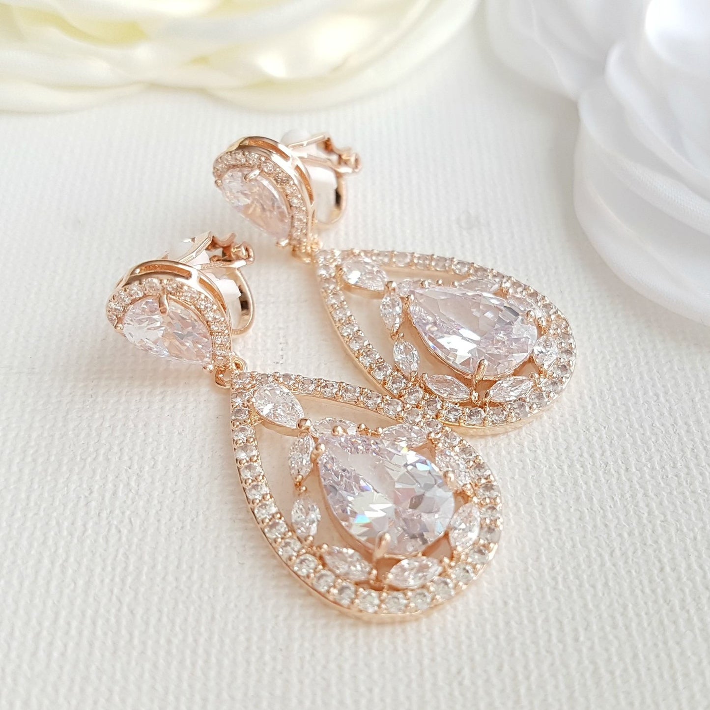 Rose Gold Clip On Earrings for Brides with Non Pierced Ears-Esther - PoetryDesigns