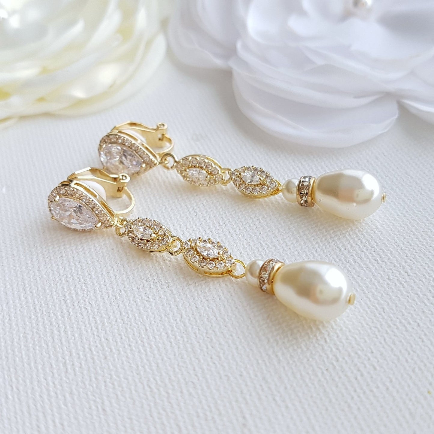 Gold Clip On Bridal Earrings-Abby - PoetryDesigns