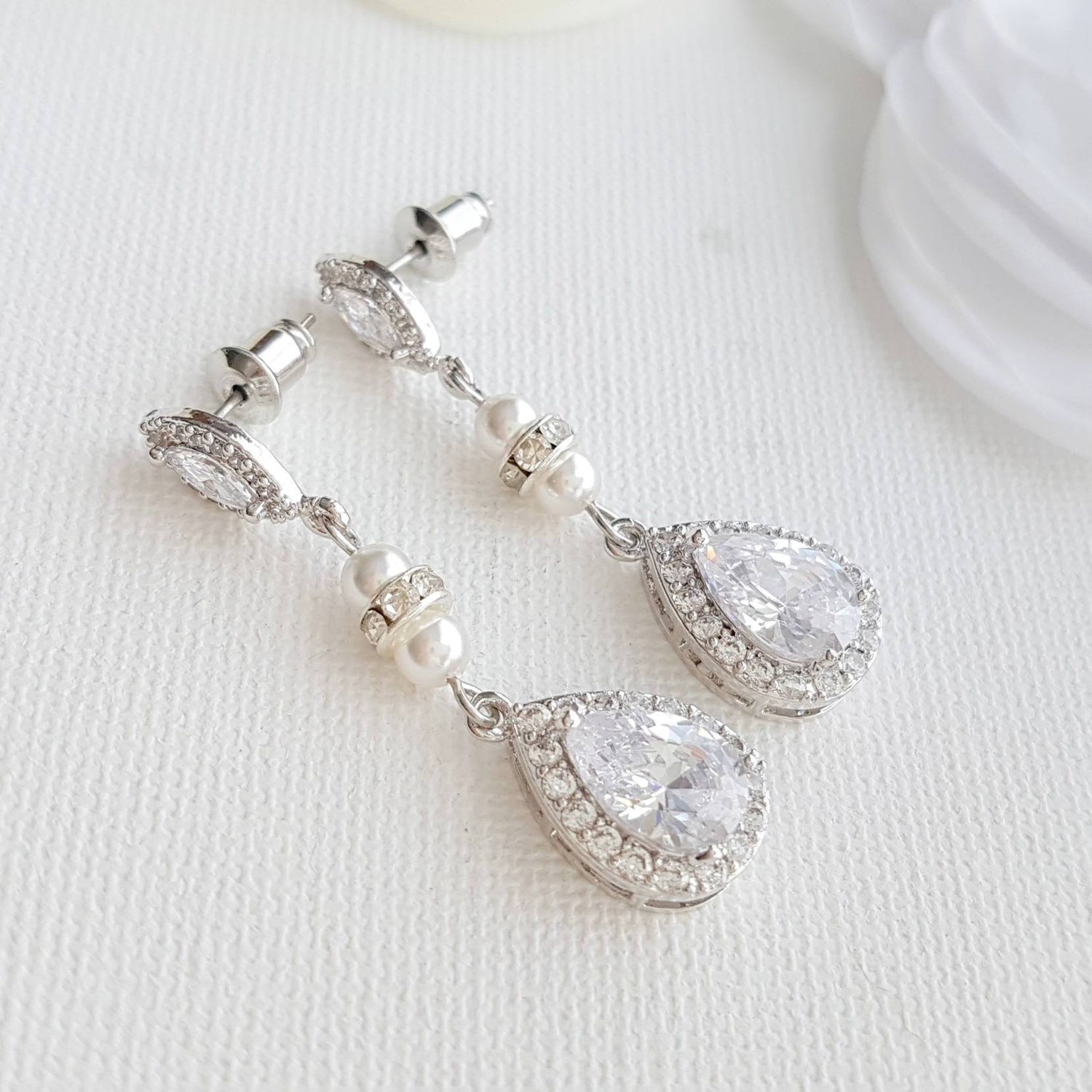 CZ & Pearl Wedding Drop Earrings for Brides-Ella - PoetryDesigns