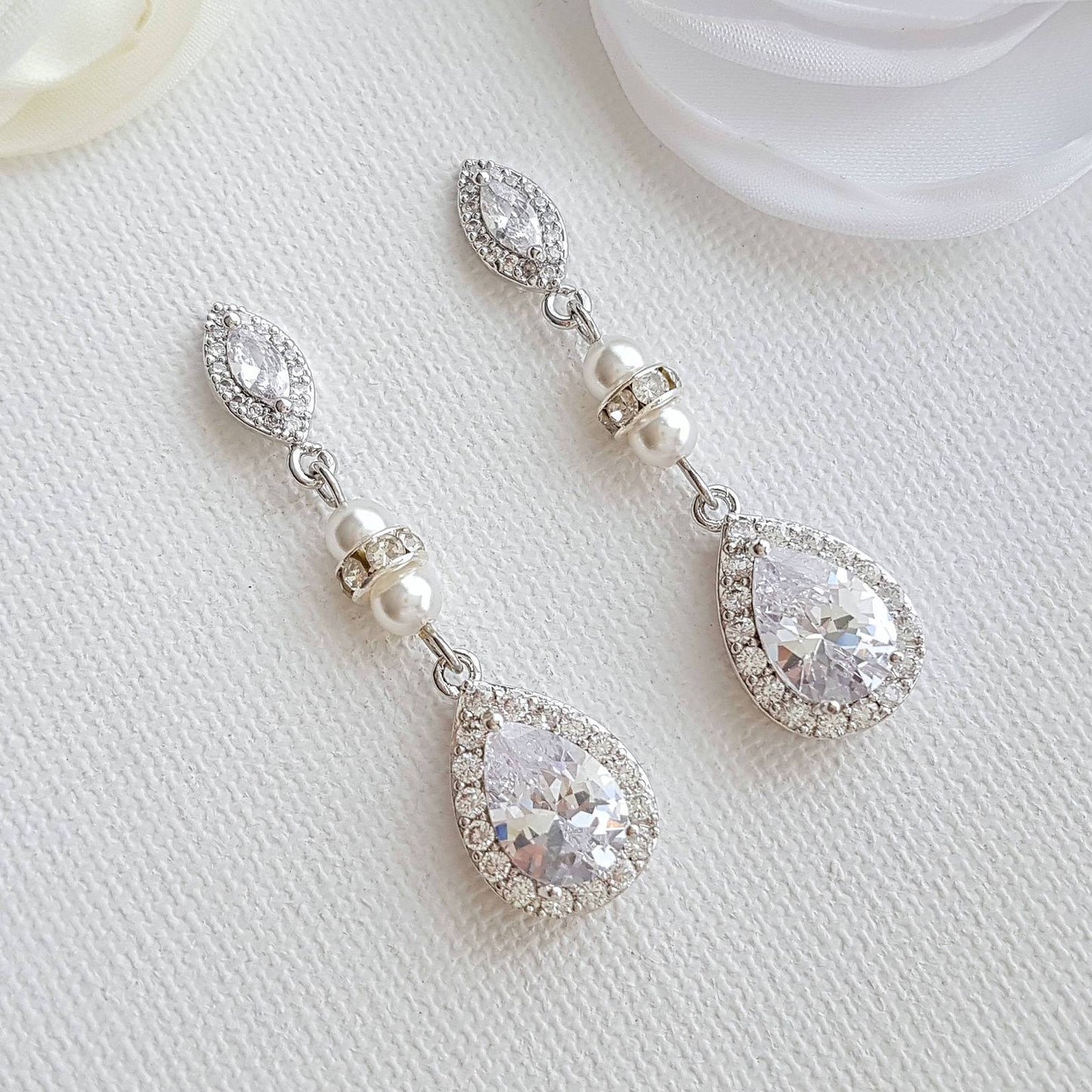 CZ & Pearl Wedding Drop Earrings for Brides-Ella - PoetryDesigns