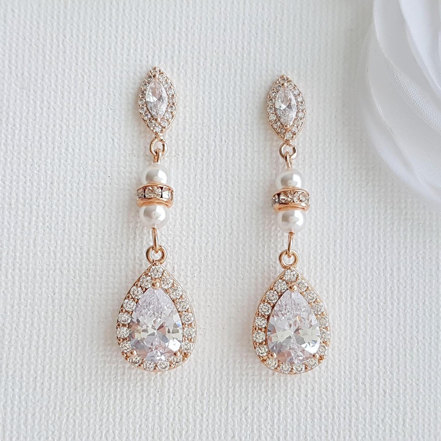 Rose Gold & Pearl Wedding Drop Earrings-Ella - PoetryDesigns