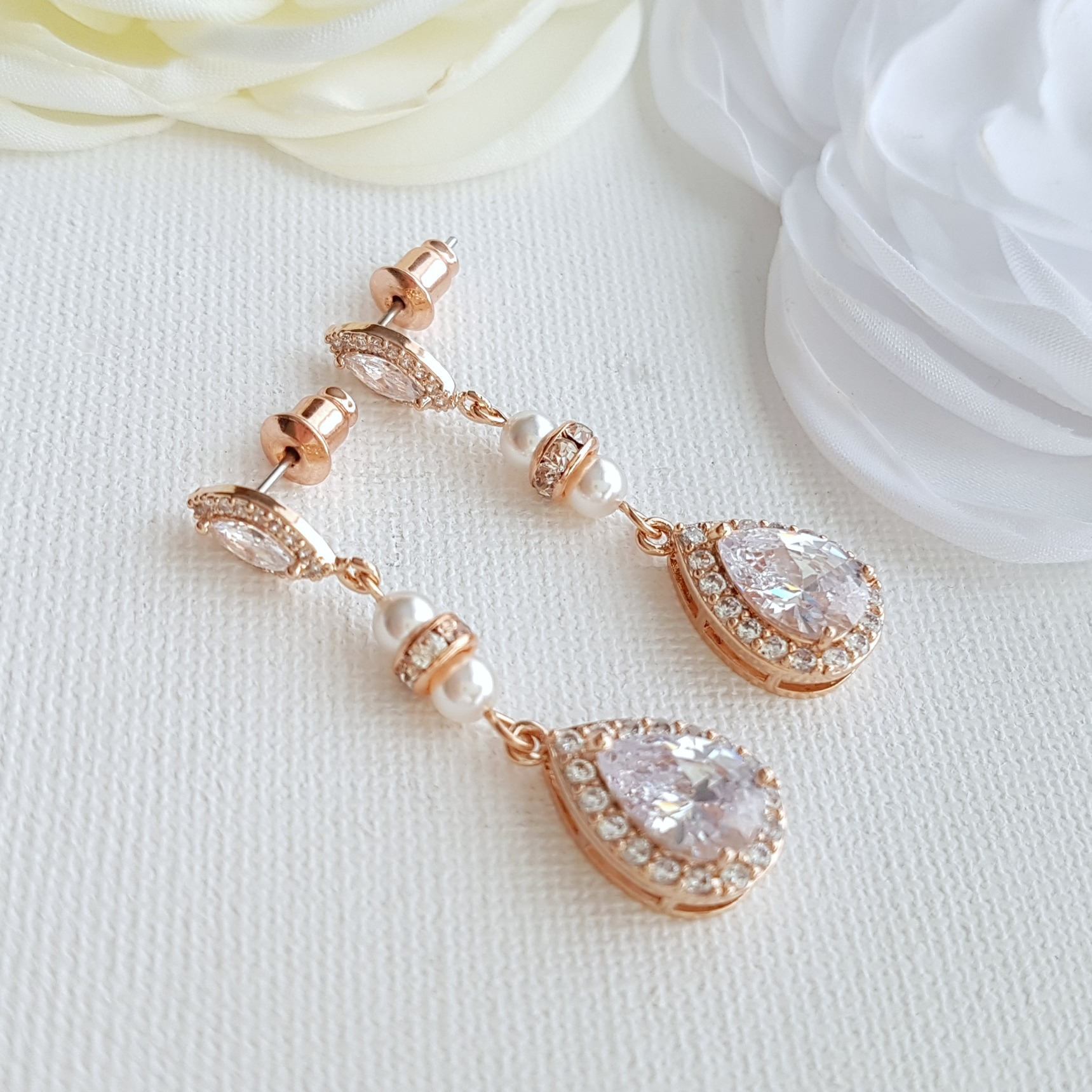 Rose Gold & Pearl Wedding Drop Earrings-Ella - PoetryDesigns