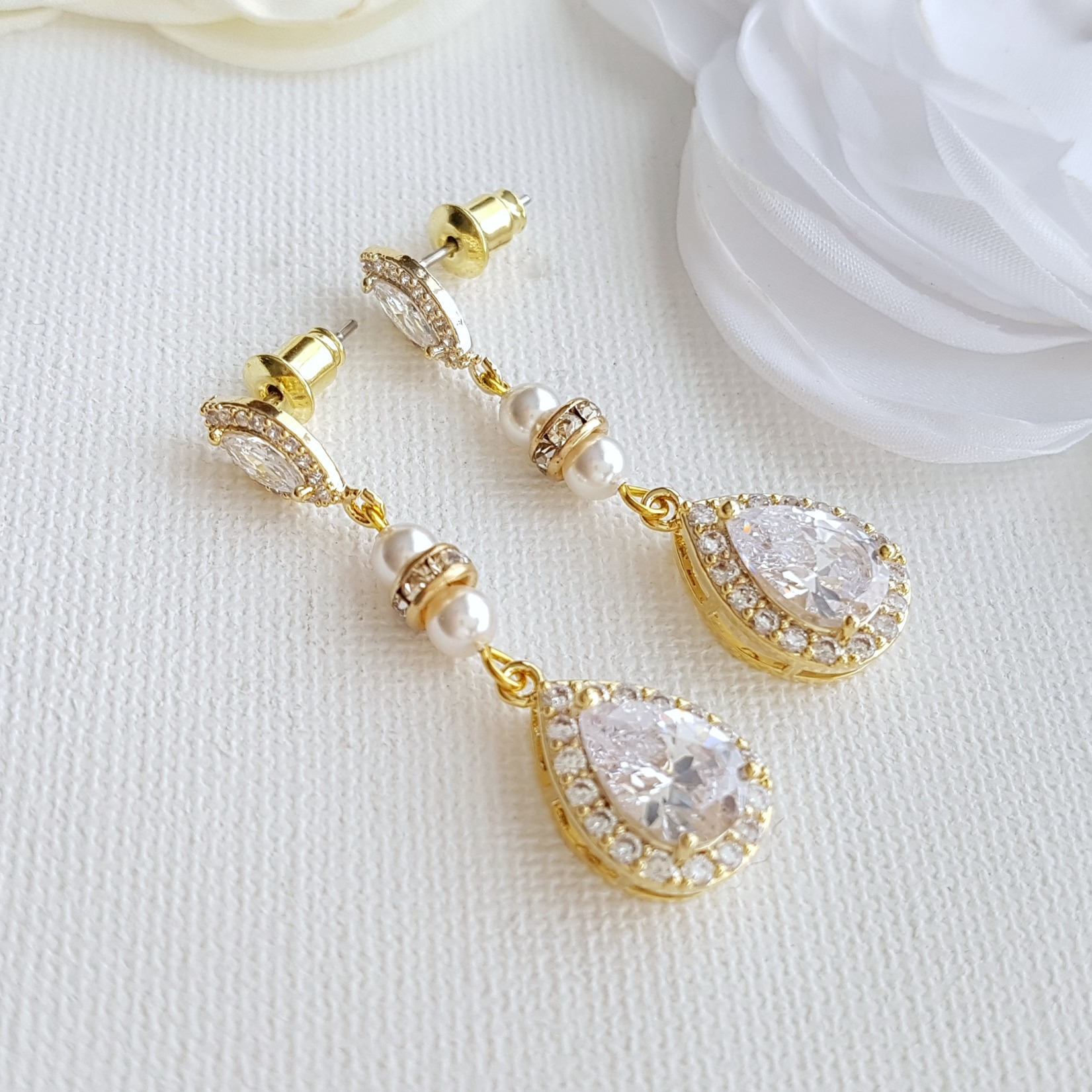 Gold and Pearl Wedding Drop Earrings-Ella - PoetryDesigns