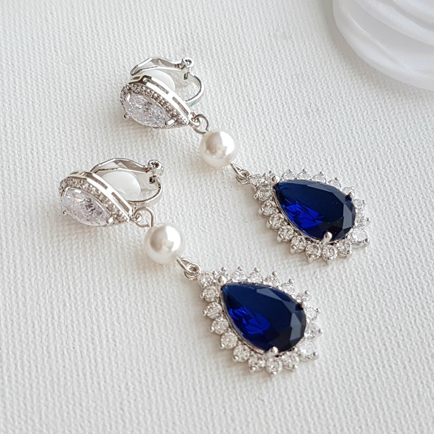 Poetry Designs Sapphire Blue Clipon Earrings with Pearls