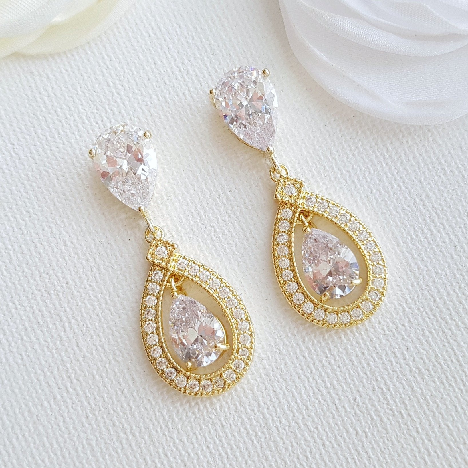 Gold Crystal Drop Earrings Weddings- Sarah - PoetryDesigns