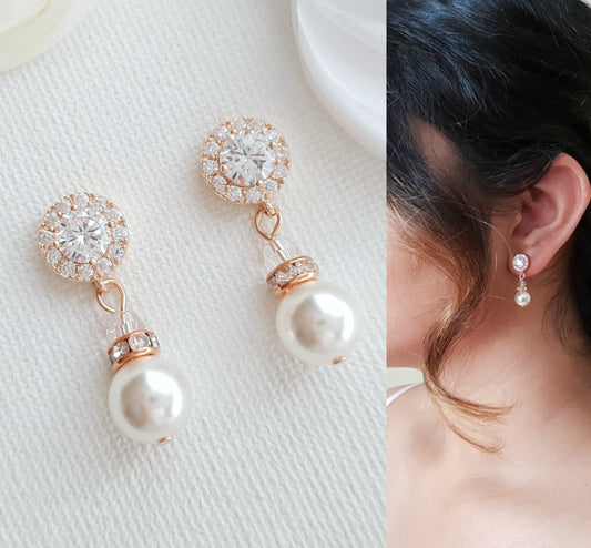 Simple Rose Gold Drop Pearl Earrings- Bronte - PoetryDesigns