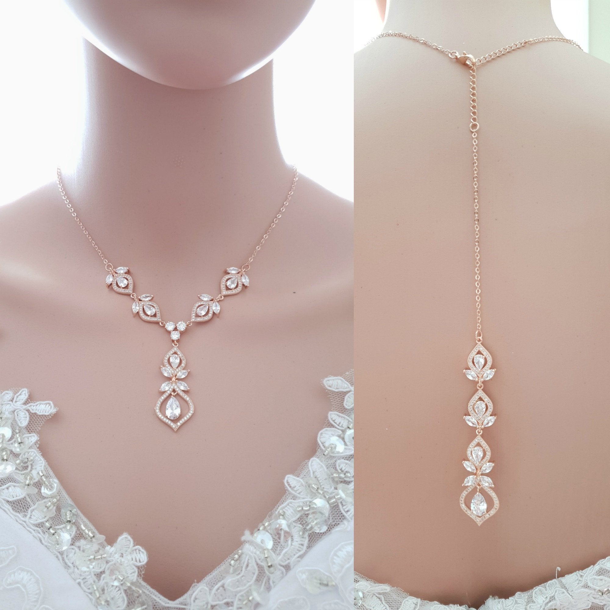 Rose Gold Backdrop Necklace, Wedding Back Necklace, Pearl Back Drop Bridal Necklace, Gold & high quality White Gold options,COCO